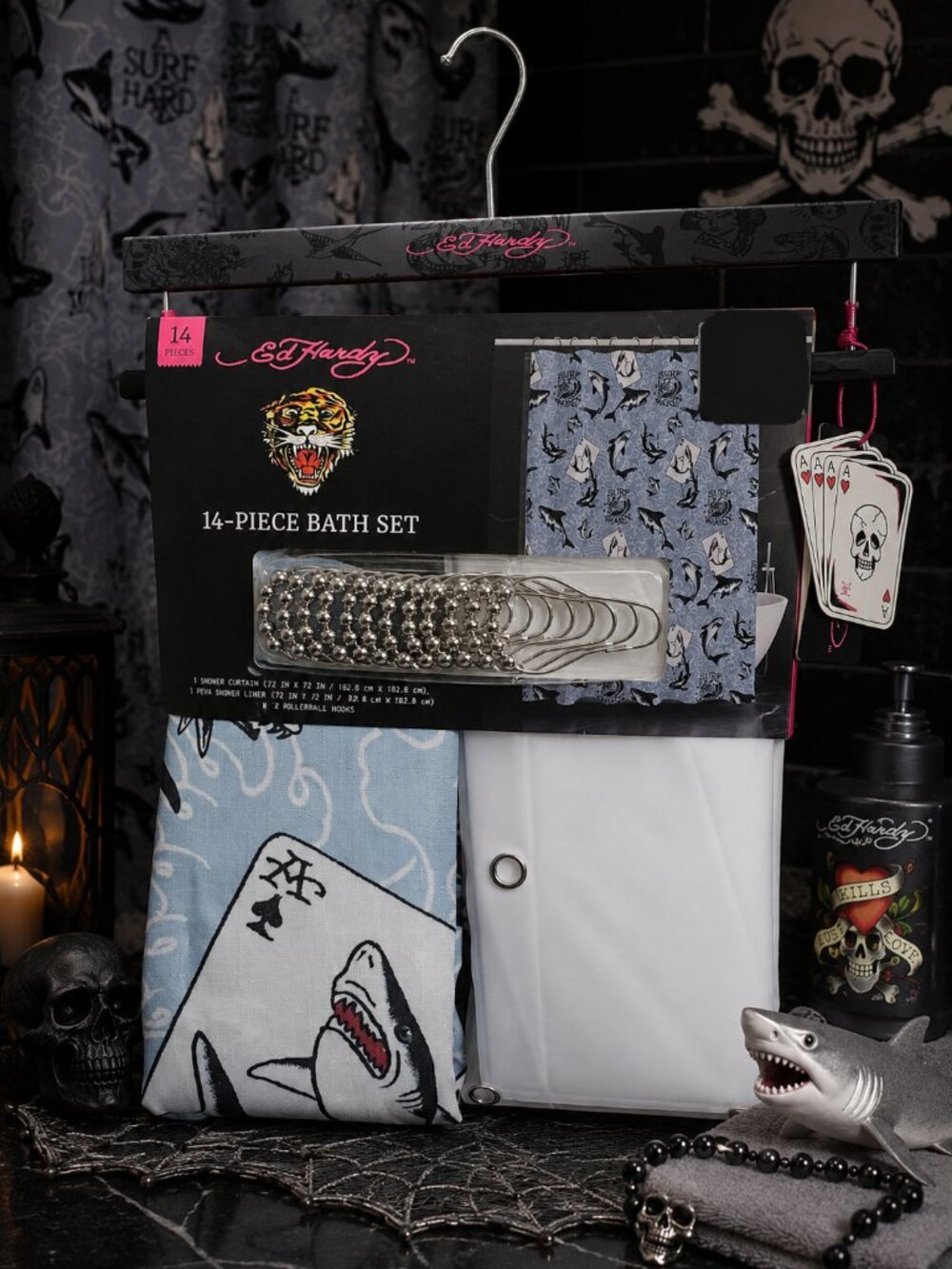 Ed Hardy 14-Piece Bath Set NWT Shark Playing Cards Tattoo Print Blue Black Rare